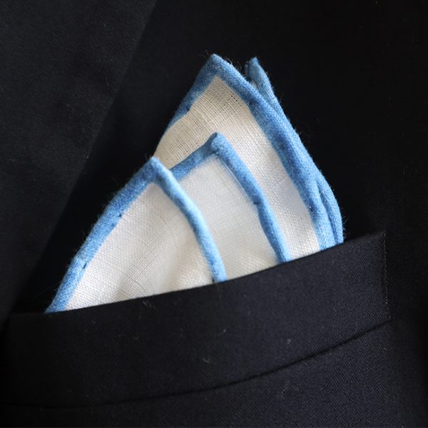 White Linen Pocket Squares with Light Blue Trims(Hand-rolled)