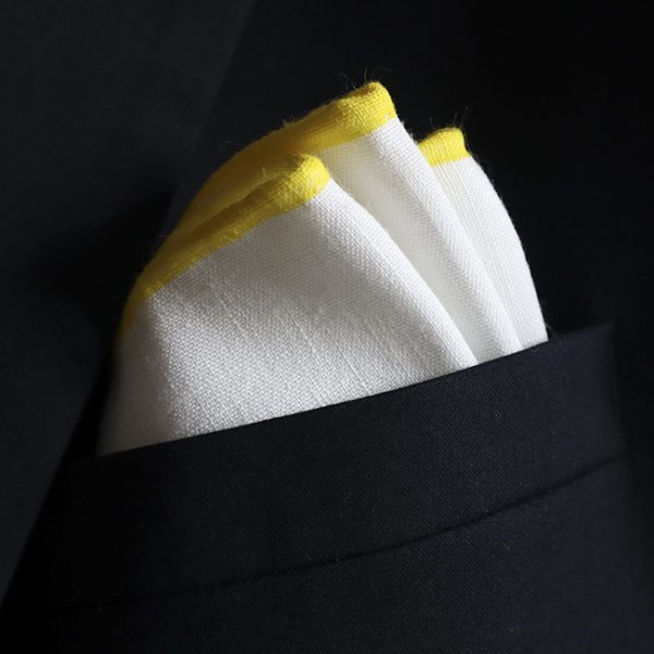 White Yellow border Linen Pocket Square