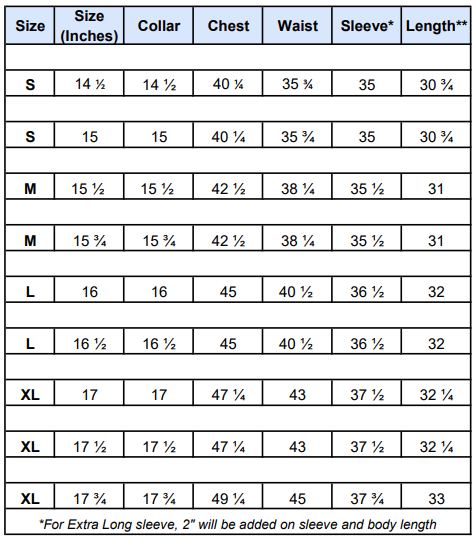 Slim Fit Size guide - Bespoke shirts